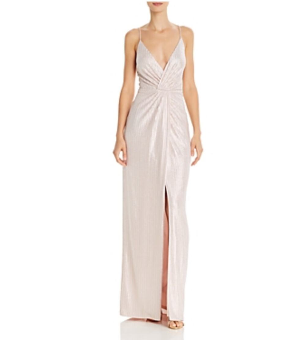 Aidan Mattox Pink Evening Gown Metallic Sleeveless V-Neck Column Dress Size 4